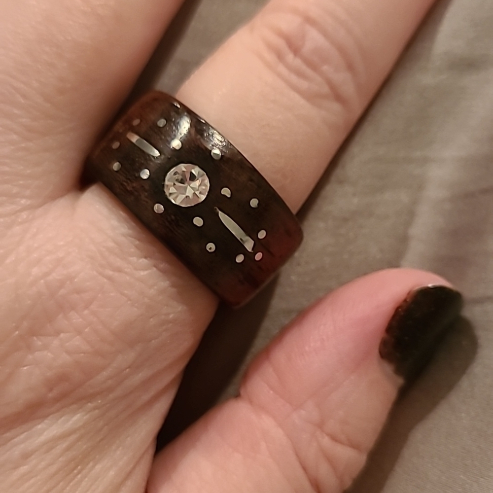 Real wood ring with cubic zirconia and sterling silver inlay